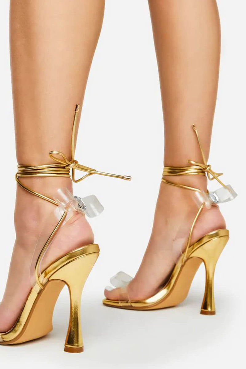 Gold Faux Leather Lace Up Diamante Perspex Bow Detail Square Toe Heel
