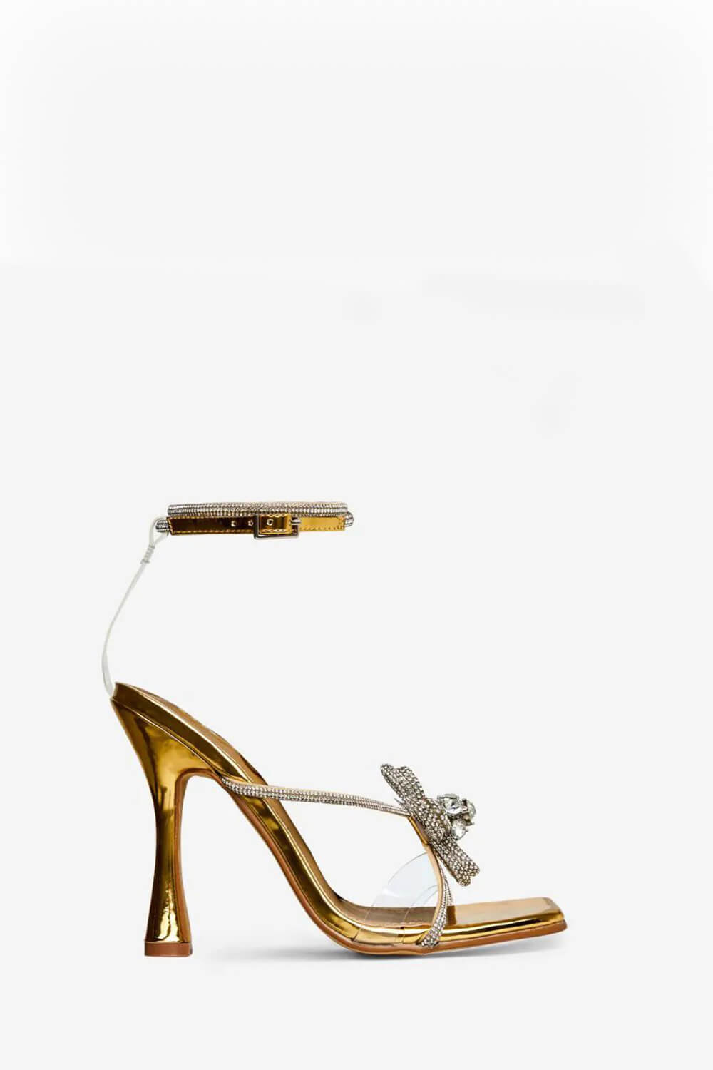 Gold Patent Diamante Flower Detail Clear Perspex Strap Square Toe Flared Heel