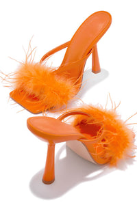 Orange Faux Feather Fur High Heel Mules