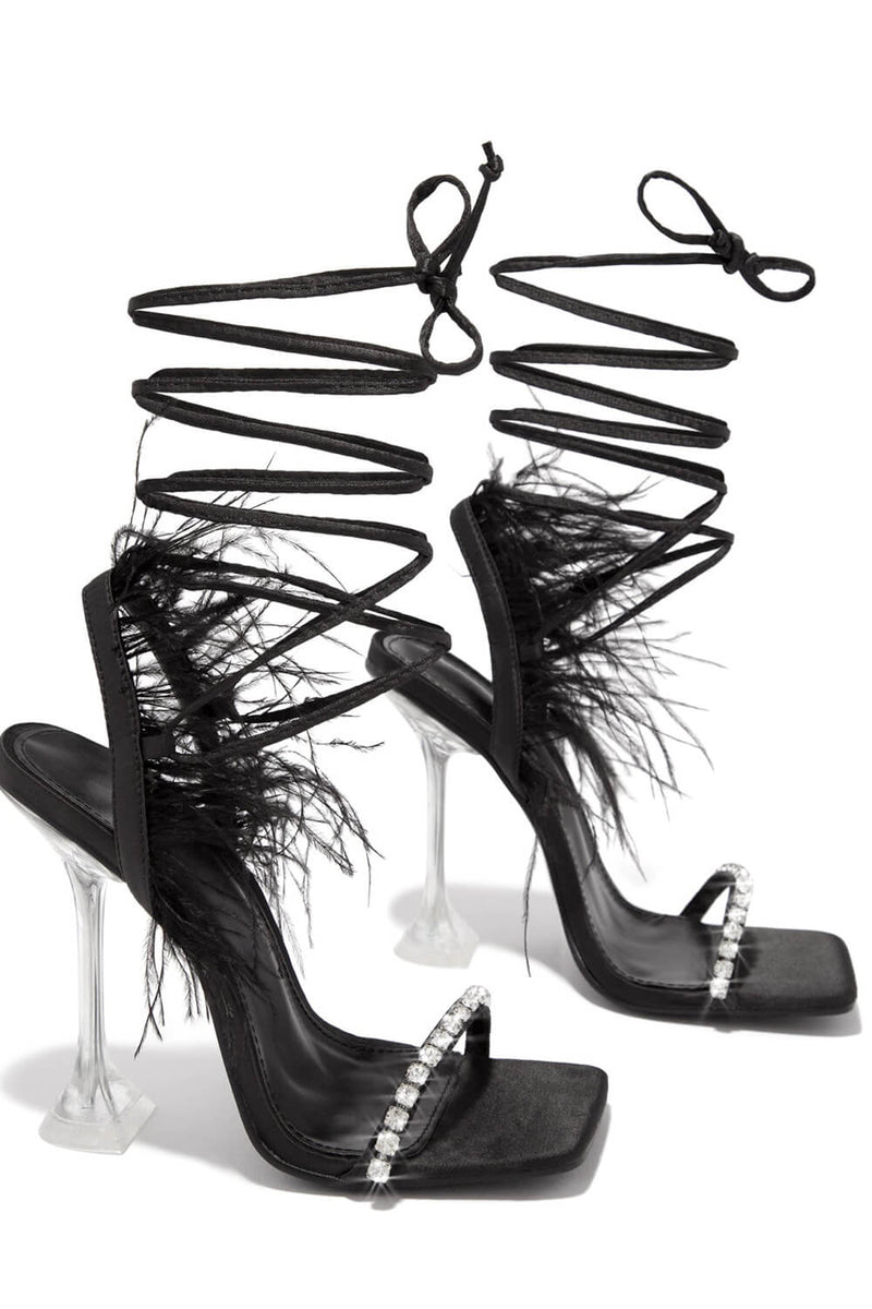 Black Lace Up Diamante Faux Feather Fur Clear Perspex Sculptured Heels