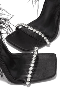 Black Lace Up Diamante Faux Feather Fur Clear Perspex Sculptured Heels