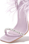 Lilac Lace Up Diamante Faux Feather Fur Clear Perspex Sculptured Heels