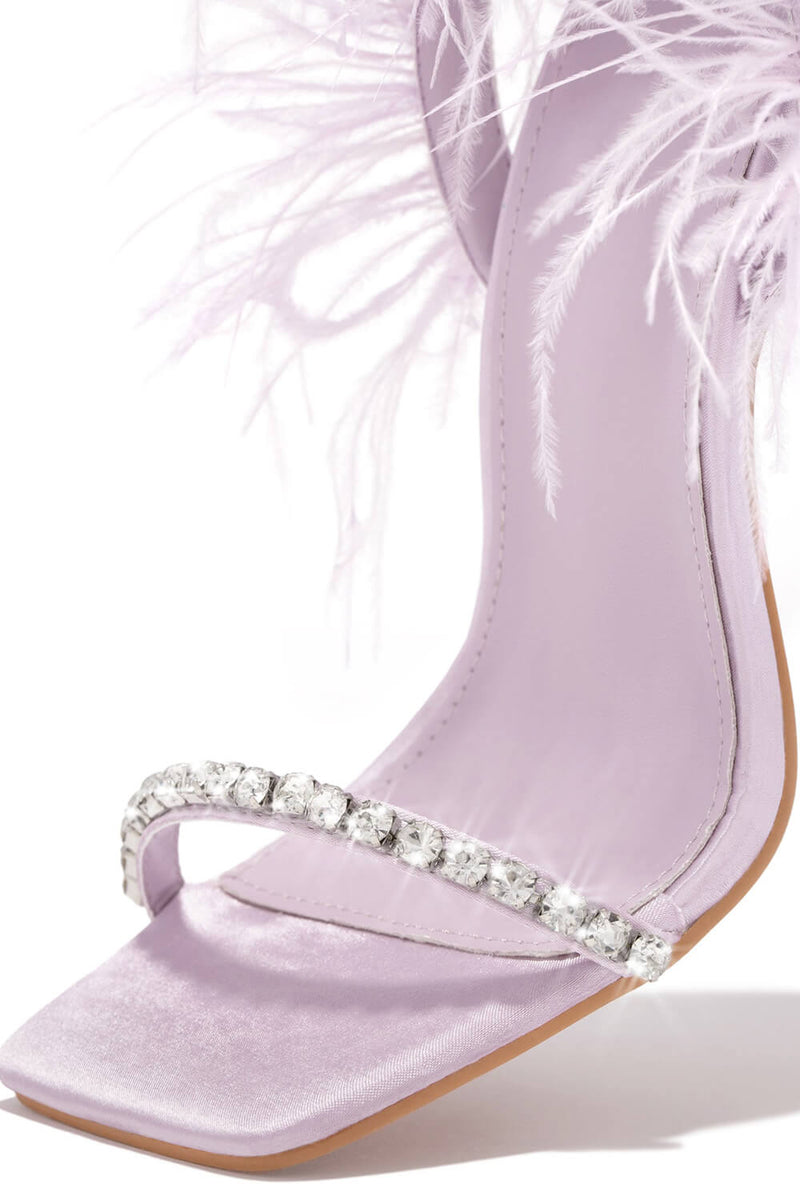 Lilac Lace Up Diamante Faux Feather Fur Clear Perspex Sculptured Heels