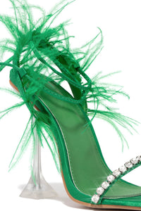Green Lace Up Diamante Faux Feather Fur Clear Perspex Sculptured Heels