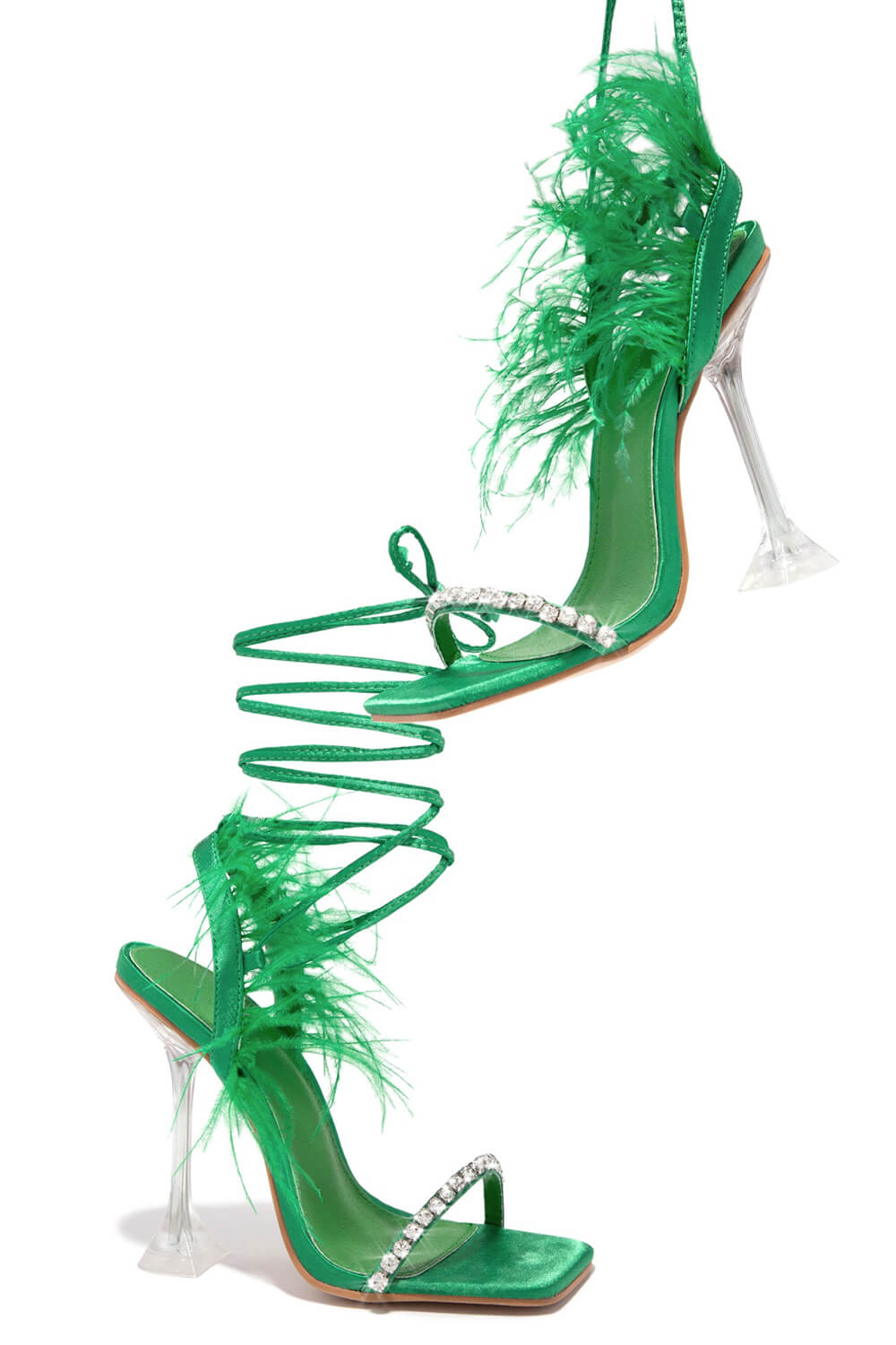 Green Lace Up Diamante Faux Feather Fur Clear Perspex Sculptured Heels