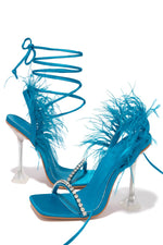 Blue Lace Up Diamante Faux Feather Fur Clear Perspex Sculptured Heels