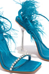 Blue Lace Up Diamante Faux Feather Fur Clear Perspex Sculptured Heels