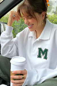 White Button Up Sweatshirt With 'M' Logo