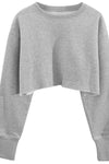Crew Neck Cropped Raw Hem Pullover Fleece Sweatshirt - White/Black/Light Blue/Beige/Light Grey/Dark Grey/Yellow/Burgundy/Pink