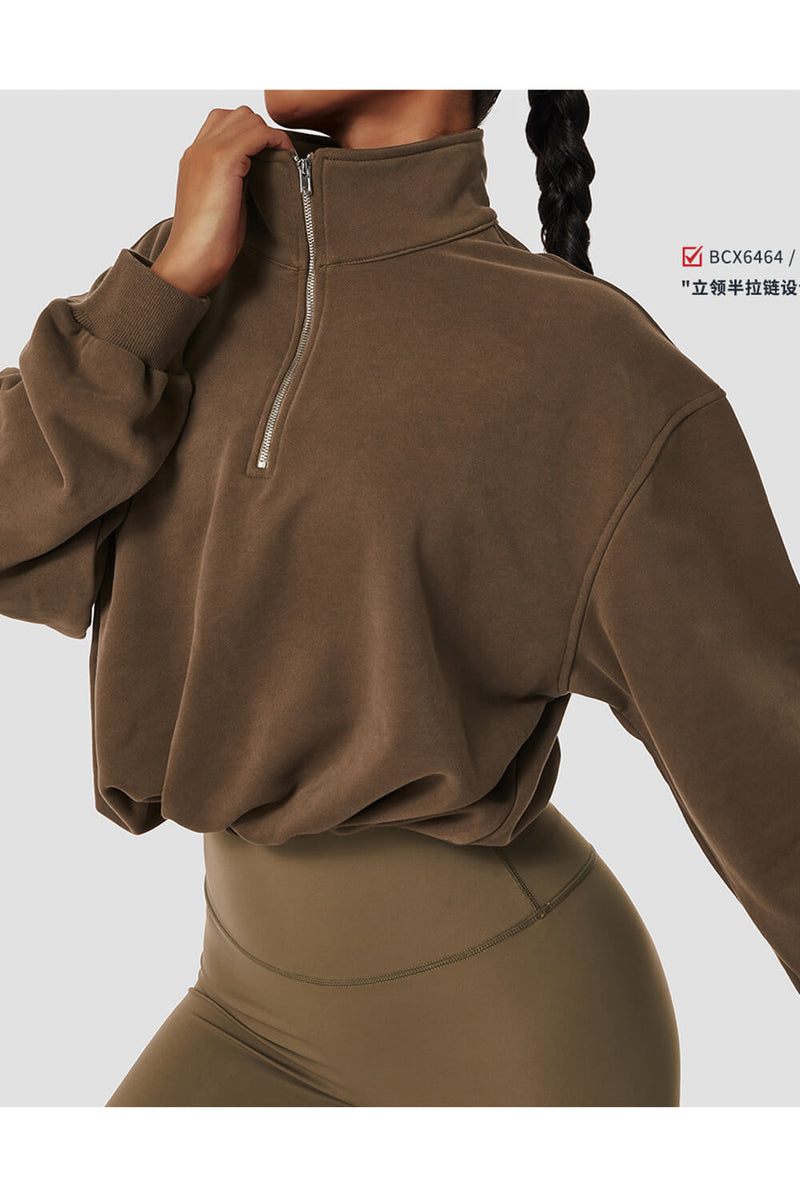 Half Zip Neck Sweatshirt With Toggle Detail - Brown/Beige/Navy