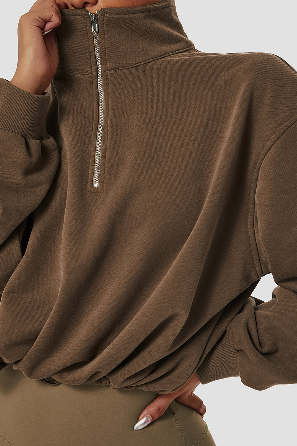 Half Zip Neck Sweatshirt With Toggle Detail - Brown/Beige/Navy