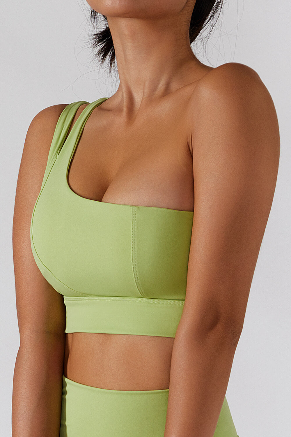 Seamless One Shoulder Cut Out Sports Bra - Yellow Green/Thistle/Coffee/White/Black/Tan/Light Sky Blue