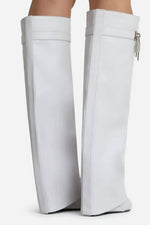 Faux Leather Padlock Detail Folded Wedge Heel Knee High Long Boots - White