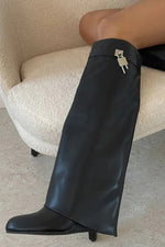 Faux Leather Padlock Detail Folded Wedge Heel Knee High Long Boots - Black