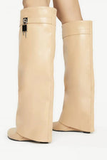 Faux Leather Padlock Detail Folded Wedge Heel Knee High Long Boots - Nude