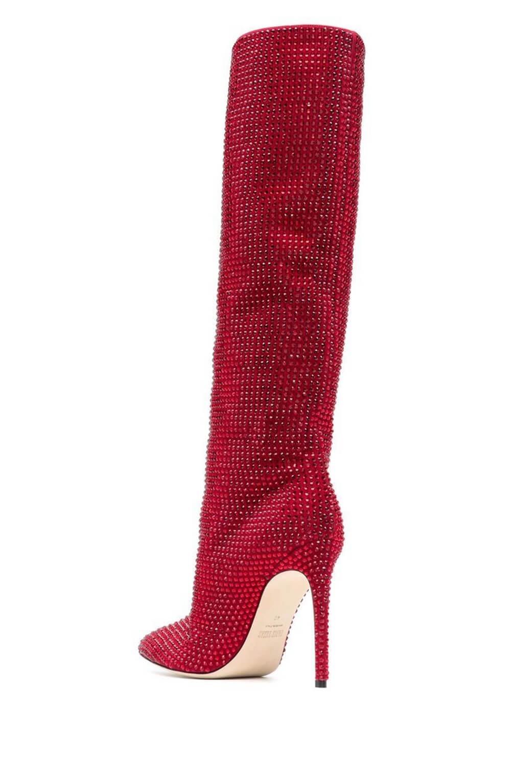 Gem Embellished Diamante Pointed Toe Stiletto Heel Knee High Long Boot - Red/Pink/Silver/Green