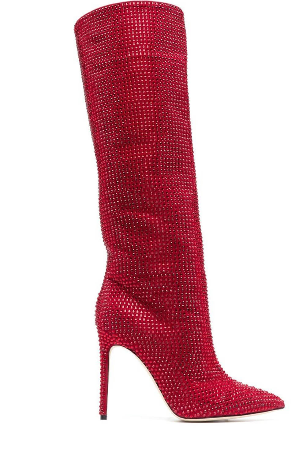 Gem Embellished Diamante Pointed Toe Stiletto Heel Knee High Long Boot - Red/Pink/Silver/Green