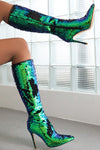 Sequin Pointed Toe Stiletto Heel Knee High Long Boot - Green/Black/Silver/Gold
