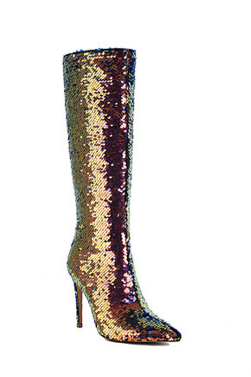 Sequin Pointed Toe Stiletto Heel Knee High Long Boot - Green/Black/Silver/Gold