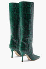 Green Python Print Pointed Toe Stiletto Heel Knee High Boots