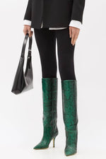 Green Python Print Pointed Toe Stiletto Heel Knee High Boots