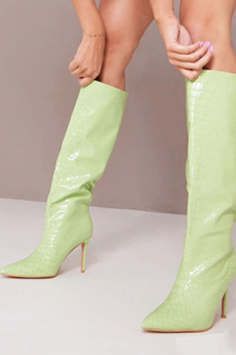 Green Crocodile Skin Leather Pointed Toe Knee High Boots