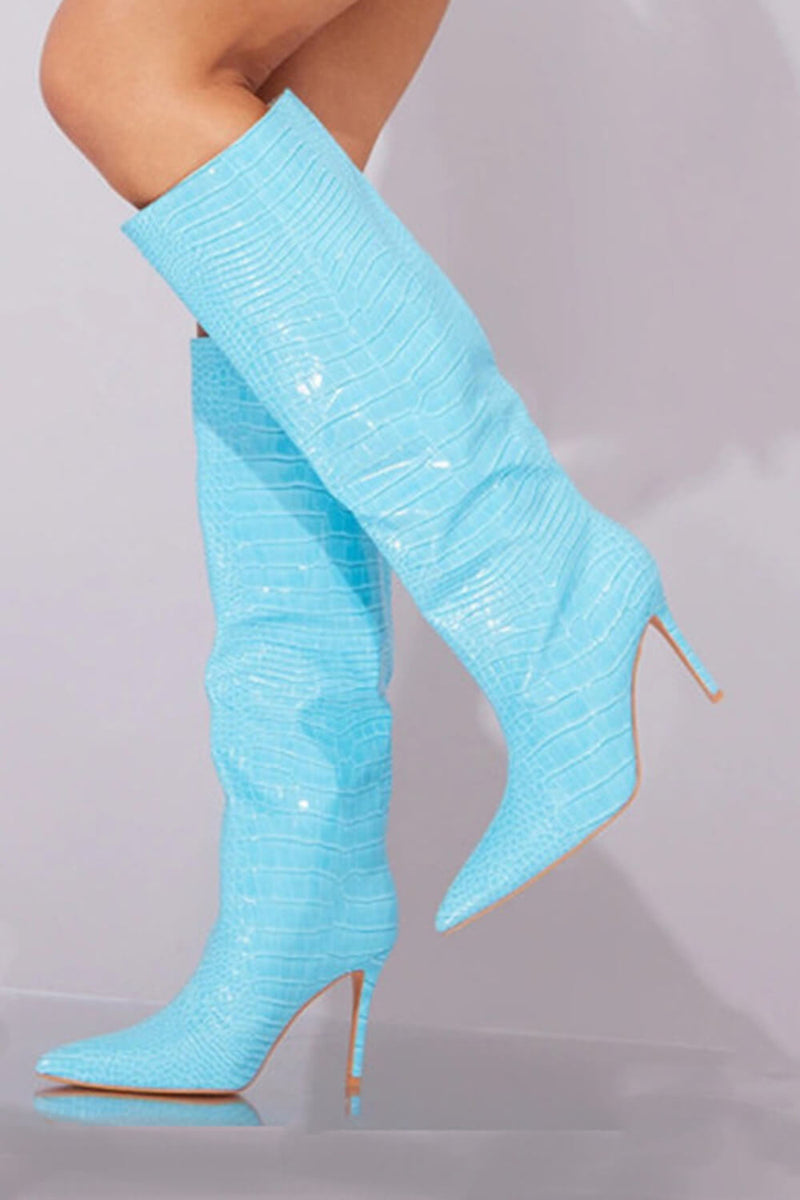 Croc Detail Pointed Toe Stiletto Heel Knee High Boots - Sage Green/Camel/Sky Blue