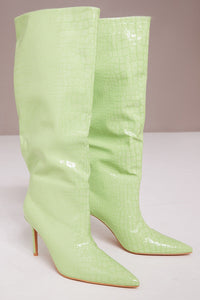 Croc Detail Pointed Toe Stiletto Heel Knee High Boots - Sage Green/Camel/Sky Blue