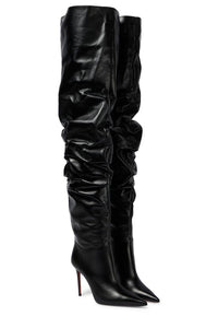 Black Ruched Pointed Toe Heeled Over-The-Knee Boots