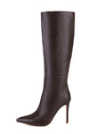 Croc Detail Pointed Toe Stiletto Heel Knee High Boots - Black/Green/Gold/Silver/Brown