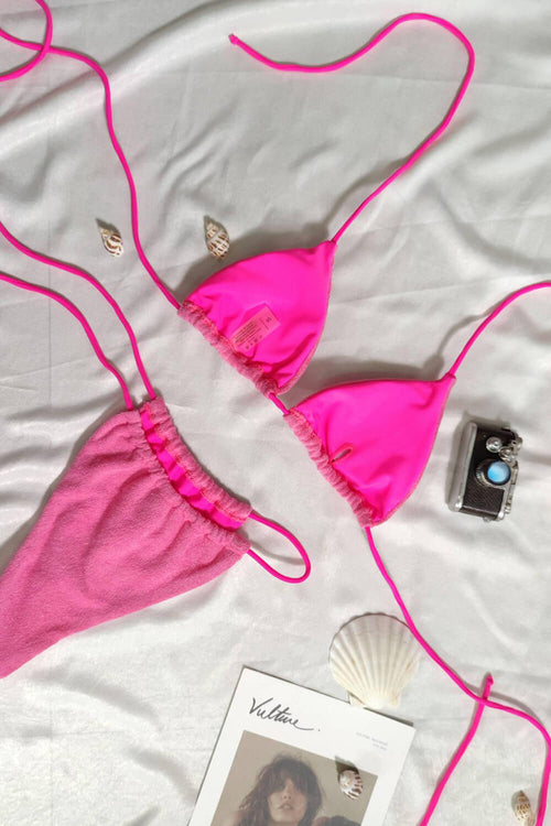 Pink Terry Jacquard Triangle Tie Side Bikini Set