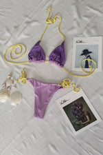 Contrast Terry Jacquard Triangle Tie Side Bikini Set - Yellow/Plum