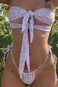 Floral Print Double Front Tie Bandeau Ruched Brazilian Bikini Set