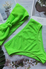 Crinkle Knot Bandeau High Waist  Bikini Set - Black/Neon Green/Yellow/Green/Pink