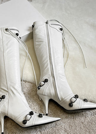 Calf High Pointed Toe Stiletto Boots With Studs And Pin Buckle Strap Details - White