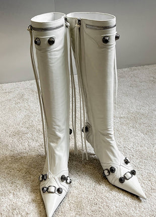 Calf High Pointed Toe Stiletto Boots With Studs And Pin Buckle Strap Details - White