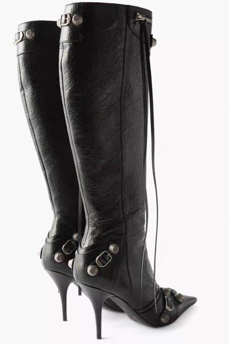 Calf High Pointed Toe Stiletto Boots With Studs And Pin Buckle Strap Details