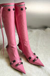 Calf High Pointed Toe Stiletto Boots With Studs And Pin Buckle Strap Details - Pink