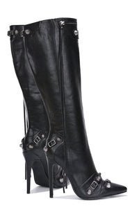 Calf High Pointed Toe Stiletto Boots With Studs And Pin Buckle Strap Details