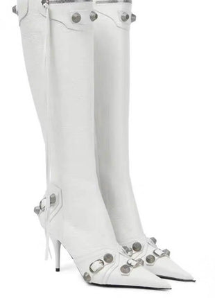 Calf High Pointed Toe Stiletto Boots With Studs And Pin Buckle Strap Details - White