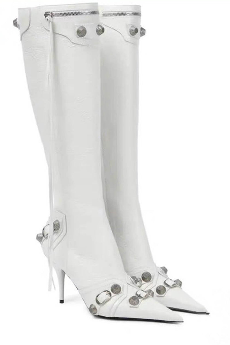 Calf High Pointed Toe Stiletto Boots With Studs And Pin Buckle Strap Details - White