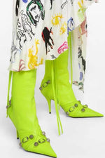 Calf High Pointed Toe Stiletto Boots With Studs And Pin Buckle Strap Details - GreenYellow