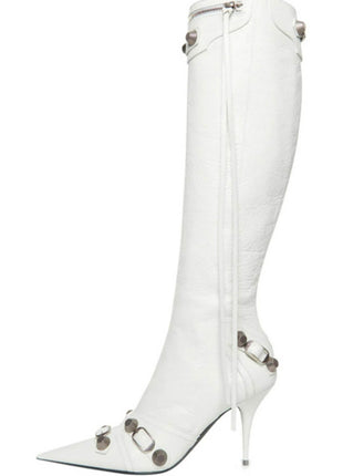 Calf High Pointed Toe Stiletto Boots With Studs And Pin Buckle Strap Details - White