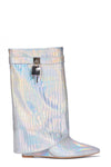 Metallic Croc Padlock Detail Folded Wedge Heel Mid Calf Long Boots - Blue/Silver/Hot Pink