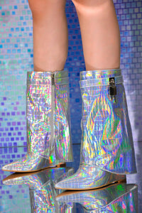 Metallic Croc Padlock Detail Folded Wedge Heel Mid Calf Long Boots - Blue/Silver/Hot Pink