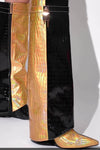 Metallic Color Blocked Croc Padlock Detail Folded Wedge Heel Mid Calf Long Boots - Black & Gold