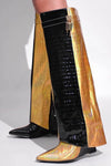 Metallic Color Blocked Croc Padlock Detail Folded Wedge Heel Mid Calf Long Boots - Black & Gold