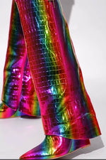 Metallic Multi Colored Croc Padlock Detail Folded Wedge Heel Mid Calf Long Boots