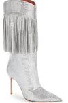 Crystal Fringe Faux Suede Mid Calf Pointed Toe Stiletto Heel Boots