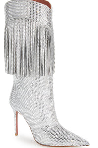 Crystal Fringe Faux Suede Mid Calf Pointed Toe Stiletto Heel Boots
